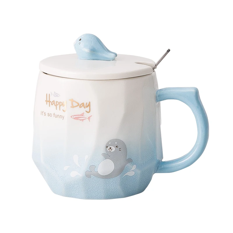 Feiyou wholesale Nordic style Cartoon 3D three-dimensional relief sea lion ceramic cup Creative mugs Cup with lid spoon