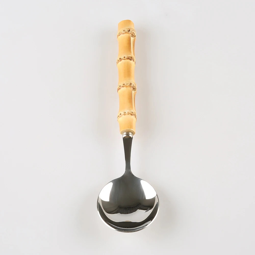 Restaurant Hotel Household Kitchen Cutlery Tableware 304 Stainless Steel Natural Bamboo Wood Handle Big Round Serving Spoon