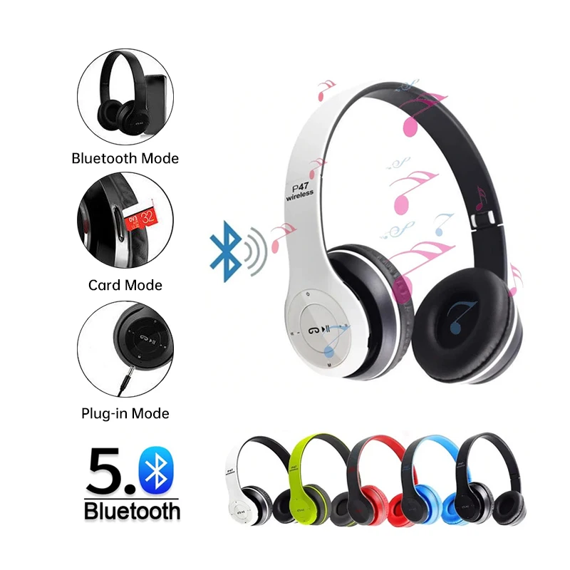 P47 Foldable Hi-Fi Stereo Headsets BT 5.0 Music Headsets with fm radio TF Card for PS4/Kids Gifts  P47 Wireless Headphones