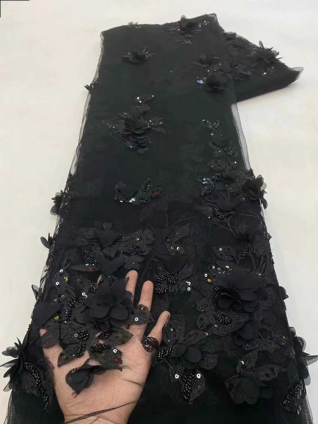 Three-dimensional Flower Dress Embroidered Fabric Fashion French Wedding Dress Bead Tube Lace Fabric