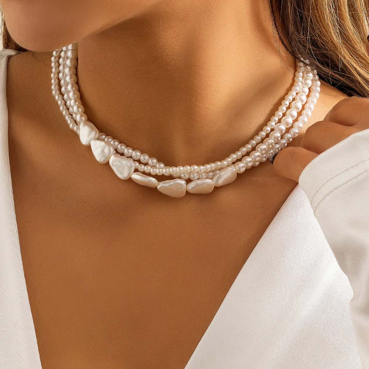 European and American jewelry vintage pearl overlapping braided Baroque collars small bead chain necklace