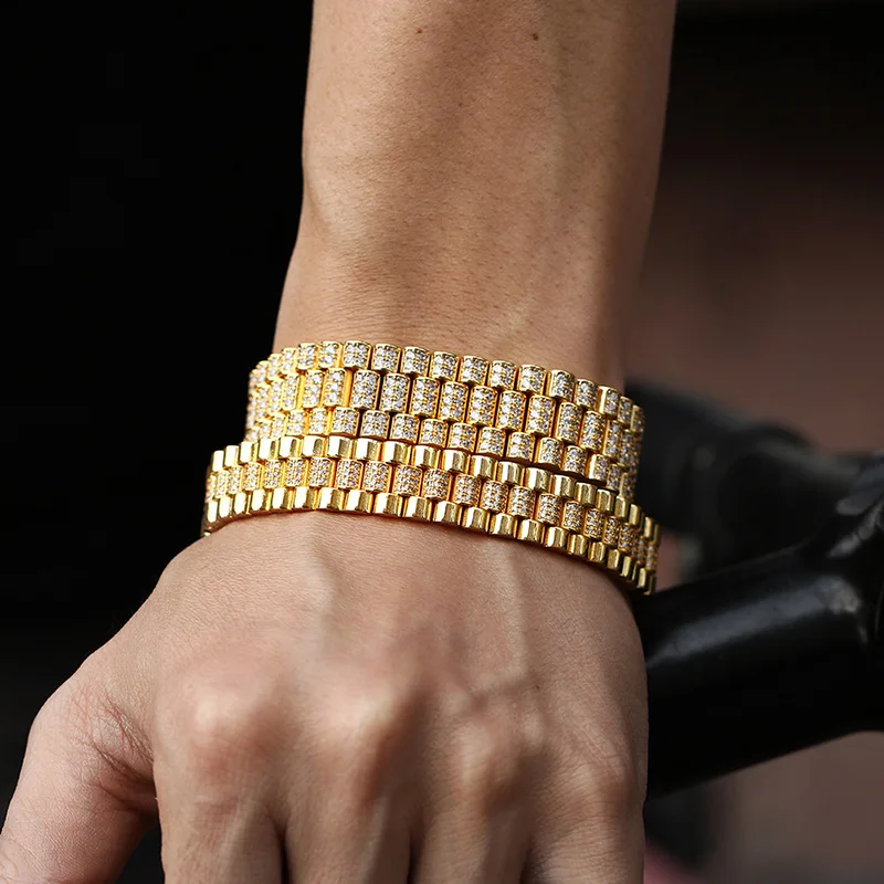 Оптовая продажа медные хип-хоп AAA CZ Micro Pave часы браслет 18K позолоченные льдом мужские браслеты