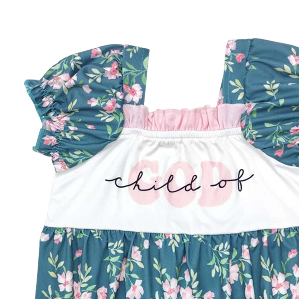 SR1940 colorful flowers blue print small flying sleeve onesie Child of God baby romper for baby clothes boutique high quality