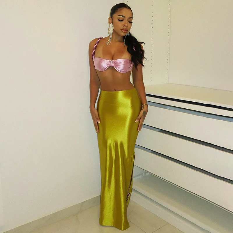 Spot New Products Elegant Casual Satin Maxi Ankle Length Women Slit Skirt