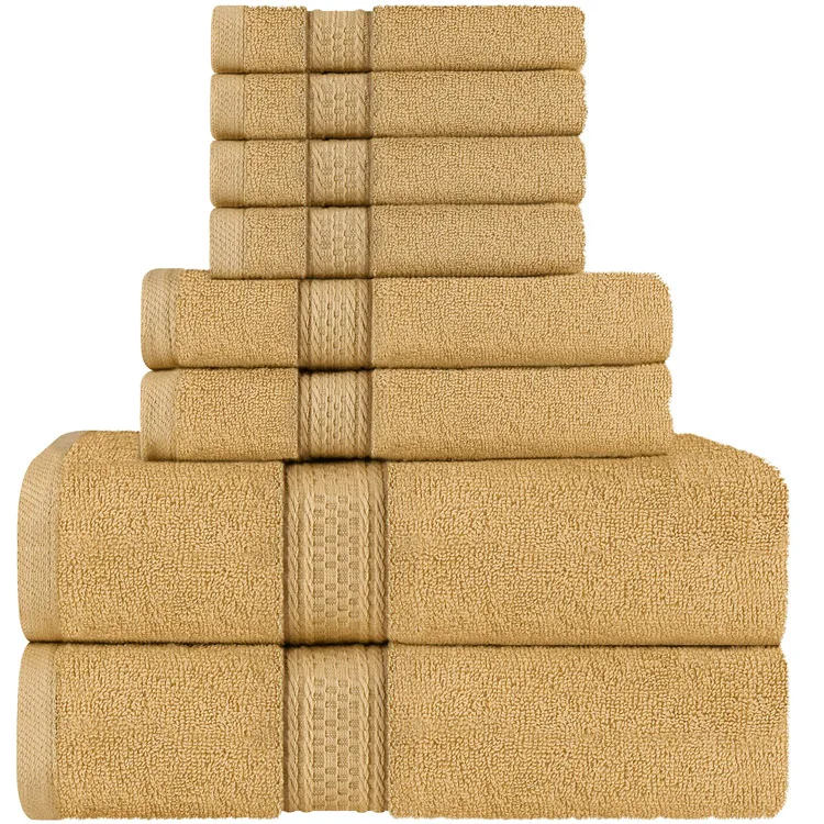 Hand Towels Bathroom 8Pcs Beige 600GSM Bath Towel Wholesale / 100% Premium Ring Spun Cotton Absorbent Towel Sets for Bathroom