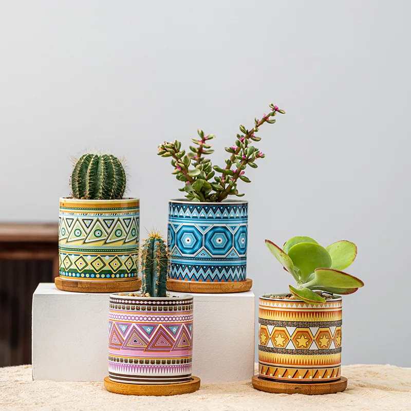 3/4/5/6 inch Ceramic Succulent Planter Pot - Cylinder Flower Pots  with Drainage Hole and Bamboo Tray