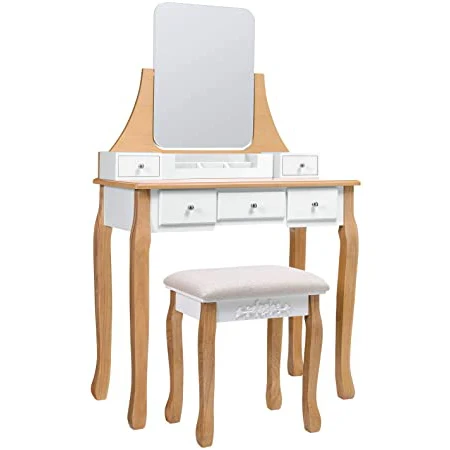 Vanity Set Makeup Dressing Table with Round Mirror 2 Large Drawers with Sliding Rails Cushioned Stool White
