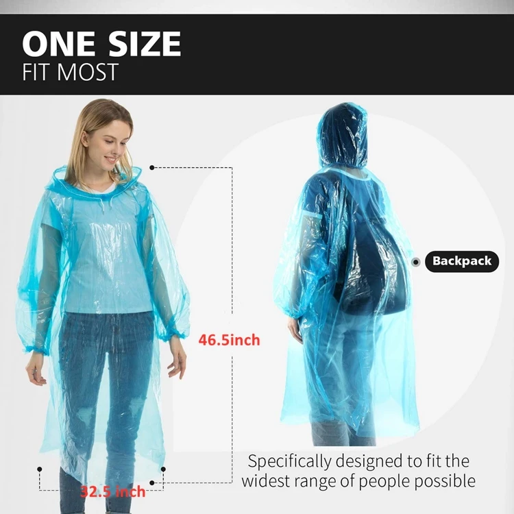 light weight PE disposable raincoats cover Emergency Rain Ponchos for Men Women Assorted Colors