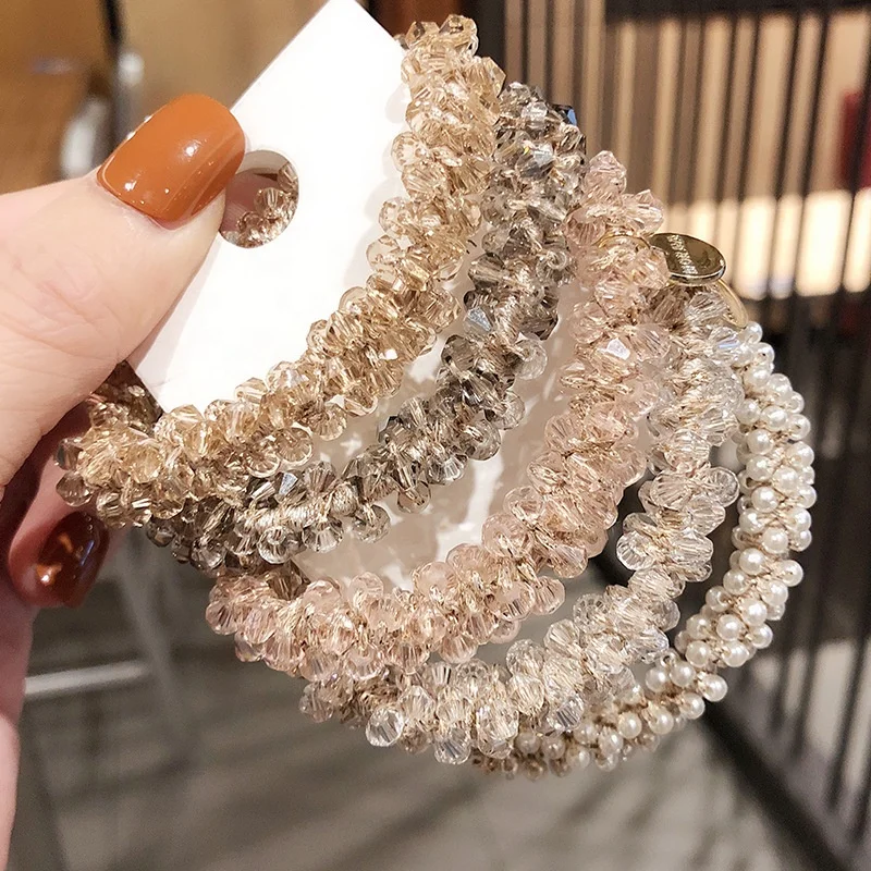 Women girls fashion crystal rhinestones scrunchie elastic rubber band hair tie accessories pearl scrunchies