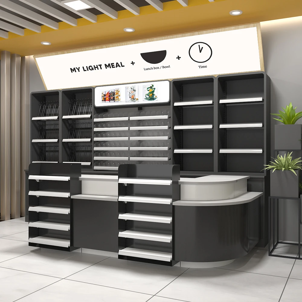 Multifunctional Store Simple Steel Wood Style Shop Equipment Supermarket Cashier Table Checkout Counter