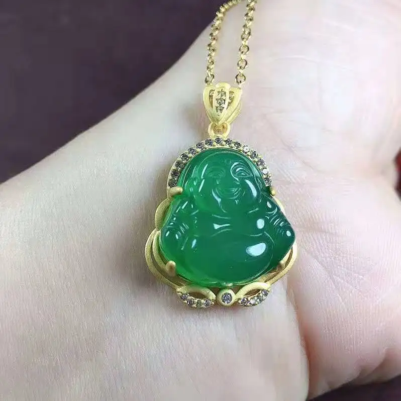 Wholesale cheap jewelry copper gilded buddha beads chalcedony agate pendant necklace maitreya buddha pendant