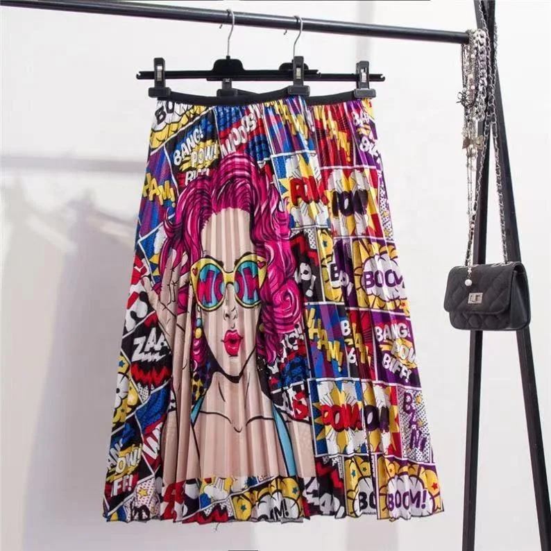 2021 New Fashion Graffiti Pleated Skirt Women Spring Summer Midi Skirts Womens Elastic Waist A Line Long Skirts