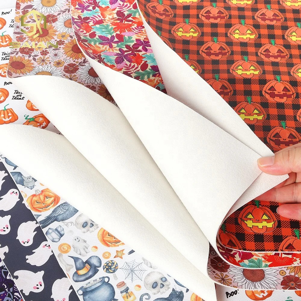 Custom Colorful Halloween Pumpkin Series Printed Ghost Halloween Theme Printed Vinyl Faux Leather Sheets For Bags Bows Earrings