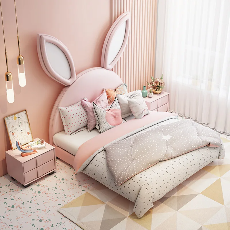 Cute Pink Bunny Ears Design Children Beds Solid Wood Double Kids Beds Cartoon Animal Shape Bedroom Furniture