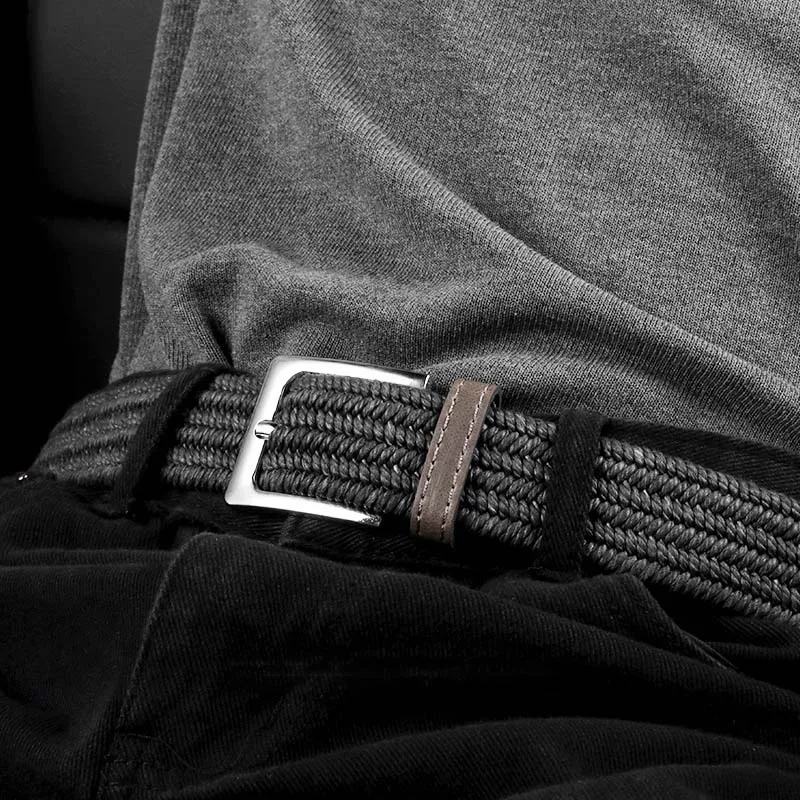 Unisex 34mm Wide Luxury Leisure Zinc Alloy Pin Buckle Wax Rope Stretch Woven Golf Belt Polyester Cotton Strap for Jeans Pants