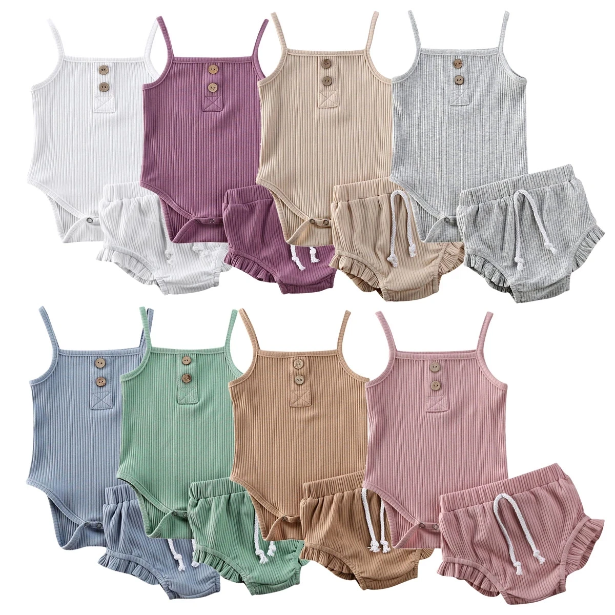 
Baby Ribbed Set Sleeveless vest rompers + Shorts 2pcs Outfit Solid Color 