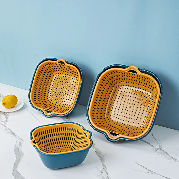 Double Layer Fruit Vegetable Washing Drying Storage Basket Drain Basket With Handle