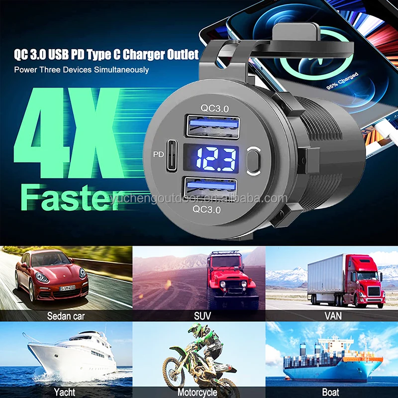 12-24V PD & QC3.0 USB Charger with LED Voltmeter Fast Car Charger Socket Outlet