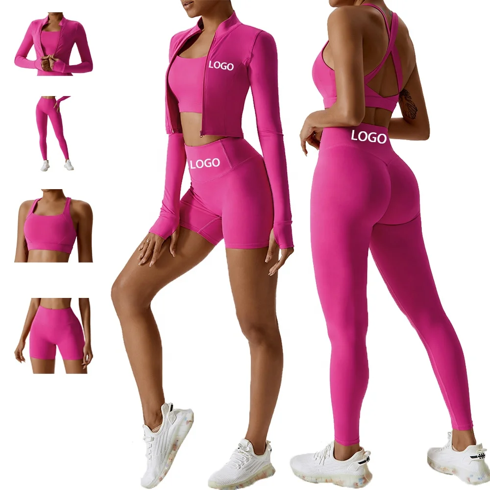 Wholesale Fitness Clothing Women Gym Clothes Kit Sweat Suit Butt Lift Women Long Sleeve 4 Piece Yoga Sets