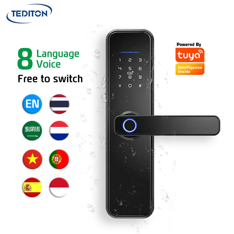 Tediton Customized Multiple National Languages Security Tuya Wifi Fingerprint Digital Smart Door Lock