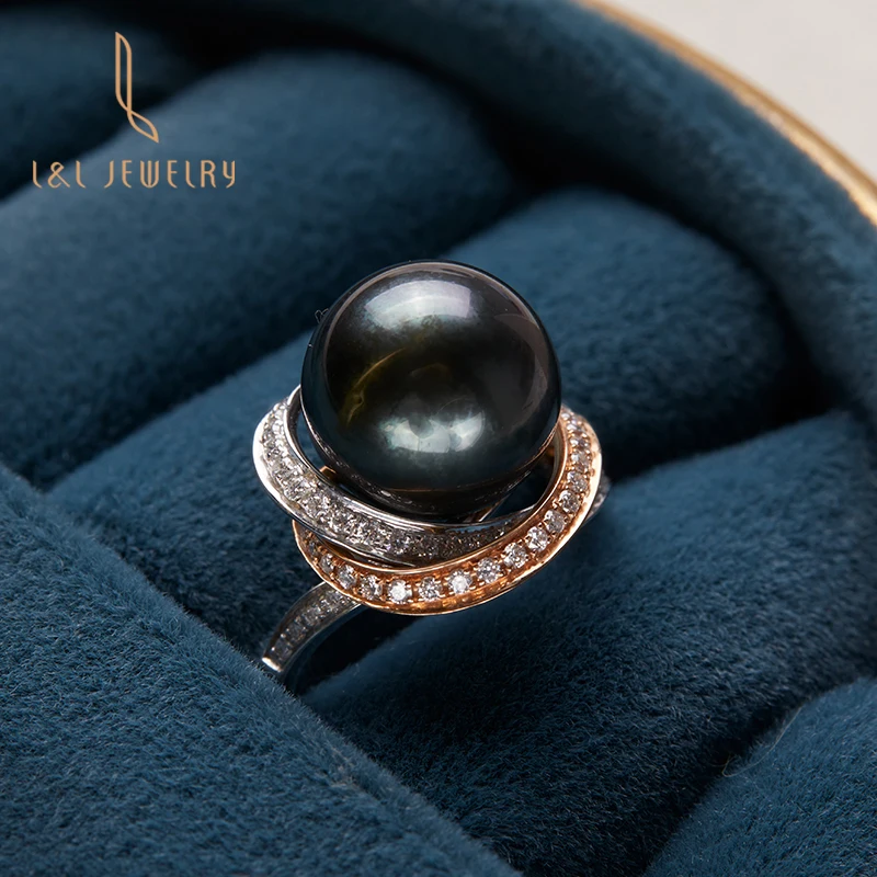 Hot selling Luxury design 18K gold nature seawater Tahiti black pearl ring with real diamond woman gift jewelry wedding party