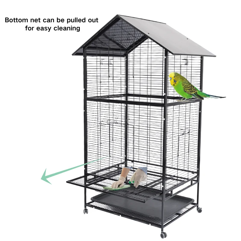 Wholesale Large Metal Birdhouse Movable Universal Wheel Wire Parrot Cage, Spacious Metal Bird Cage Parrot Cage