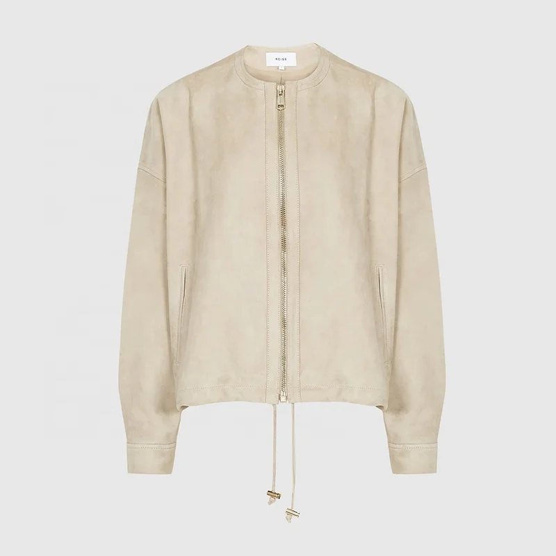 2020 OEM SUEDE BOMBER JACKET NEUTRAL Collarless Centre-front zip suede women cropped bomber white bomber jacket women