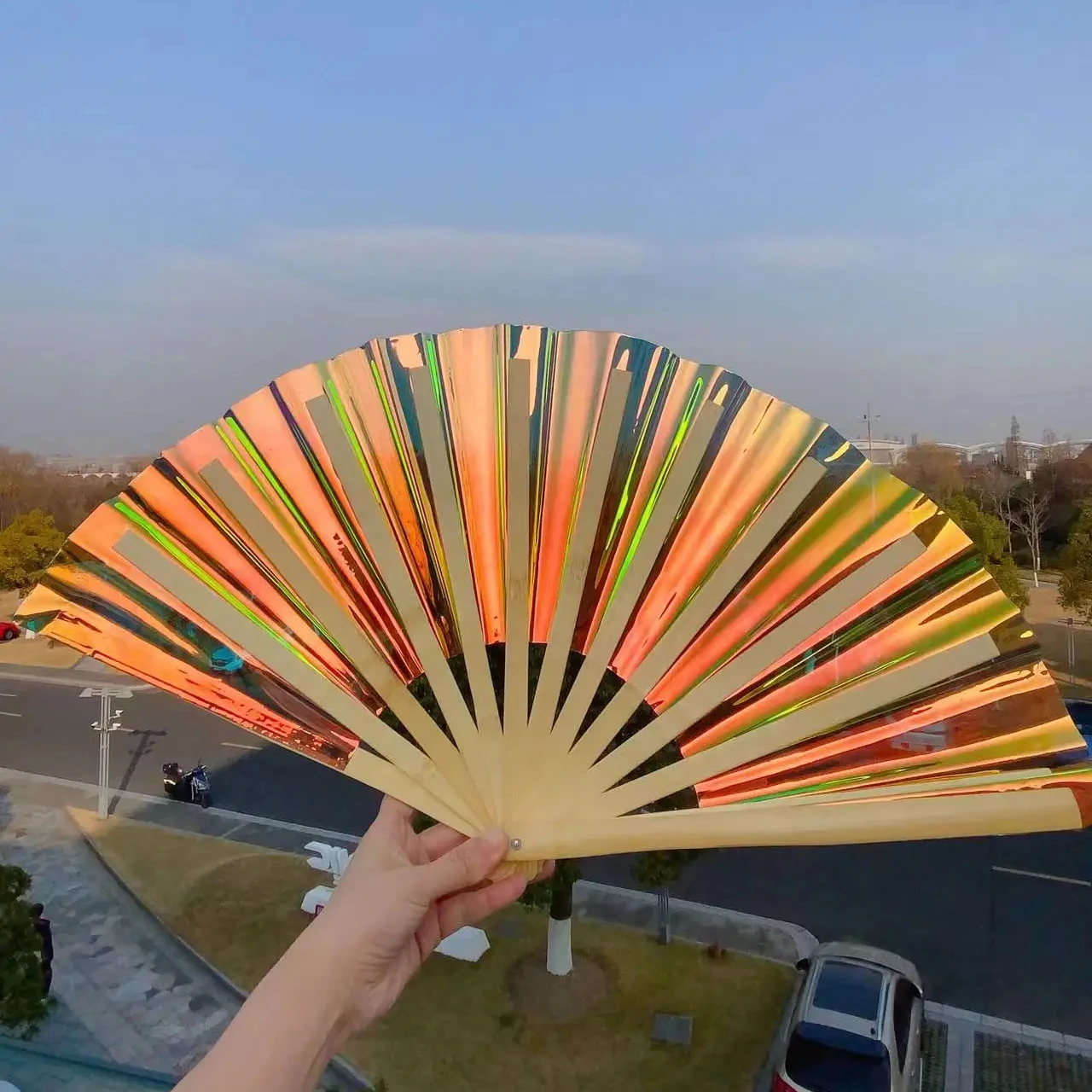 Hot Selling PVC laser film fan hand Silver color Chinese Ancient Wedding Party Plastic hand folding fan