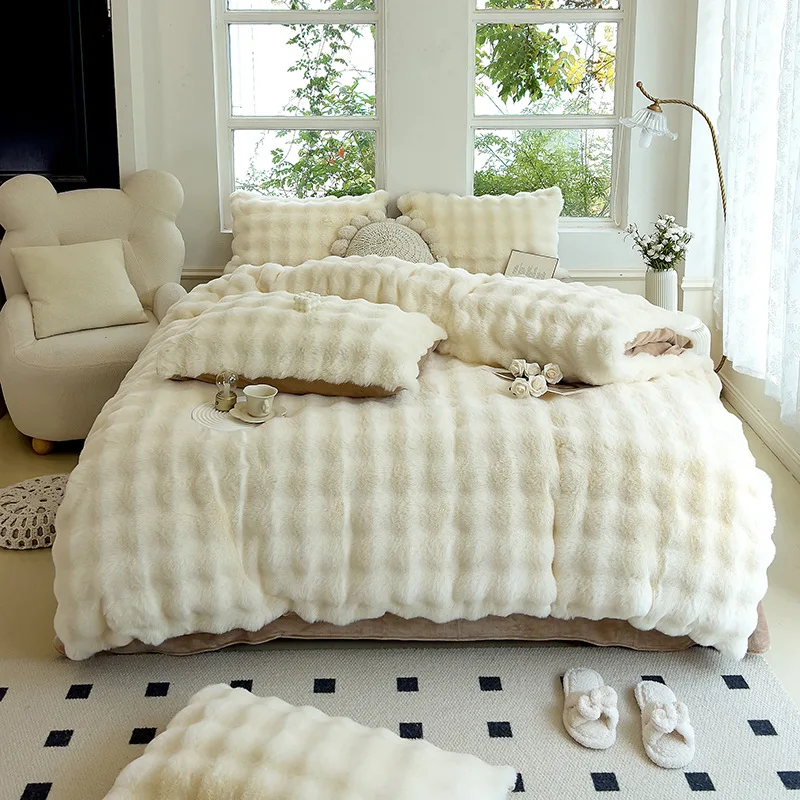 King Size plush bed duvet Comforter Cover Bedding Set-flannel solid Lightweight Elegant Aesthetic Microfiber Bedcovern Resistant