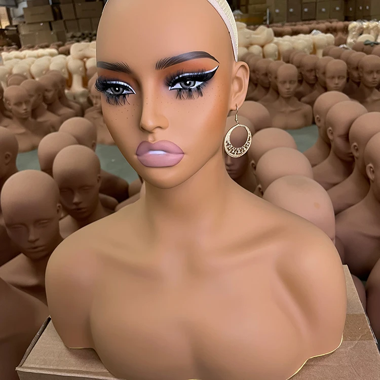 HUAYANG Wholesale High Quality PVC Glam Black Realistic Female African American Wig Mannequin Head With Shoulder