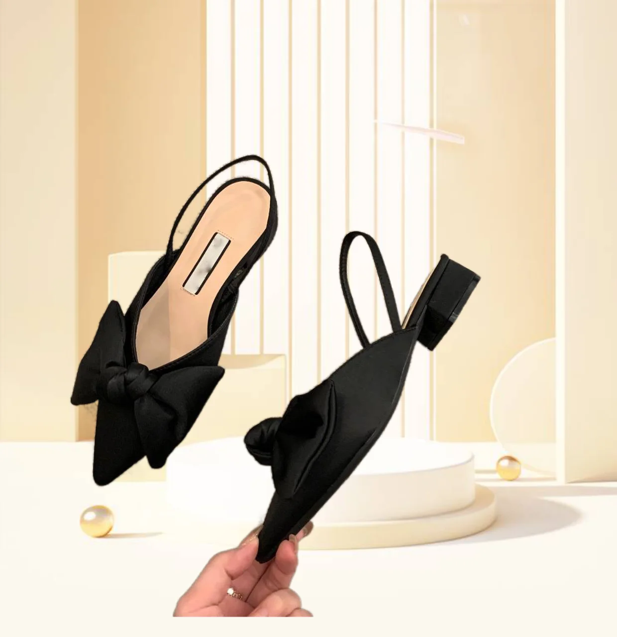 2024 Summer Women Slingback Sandals Shoes Fashion Bow-knot Pointed Toe Low Heel Ladies Elegant Dress Pumps Shoes