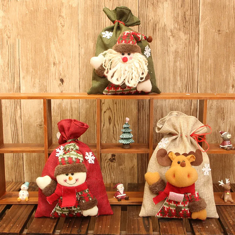 New Year Christmas Decorations for Home Linen Drawstring Gift Bag Large Candy Christmas Bags Holiday Cartoon Apple Bag