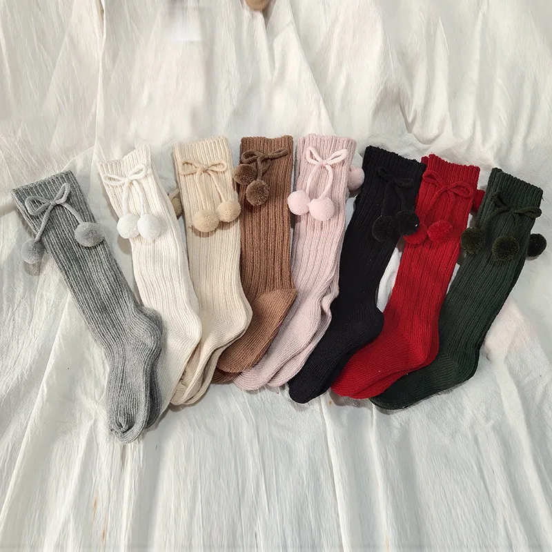 LRT New Design Wholesale European Knit Cotton Baby Knee High Socks Custom Cute Winter Pompon Ribbed Kids Long Socks