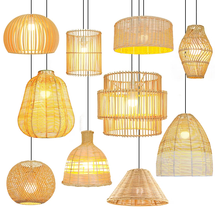 OEM Custom Wave Bamboo Wicker Rattan Lamp Covers & Shades Weave Lampshade For Pendant Light Hanging Ceiling Lamp