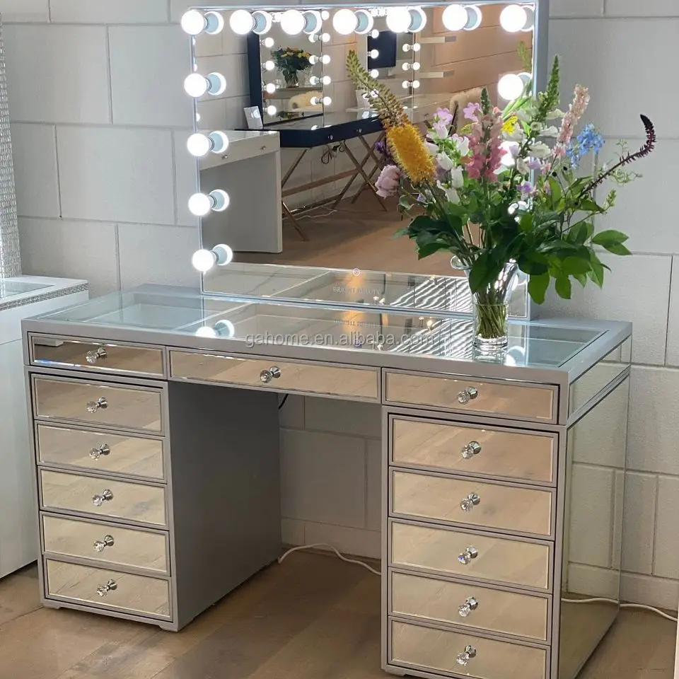 Accent floating crystal mirrored dresser set with drawer