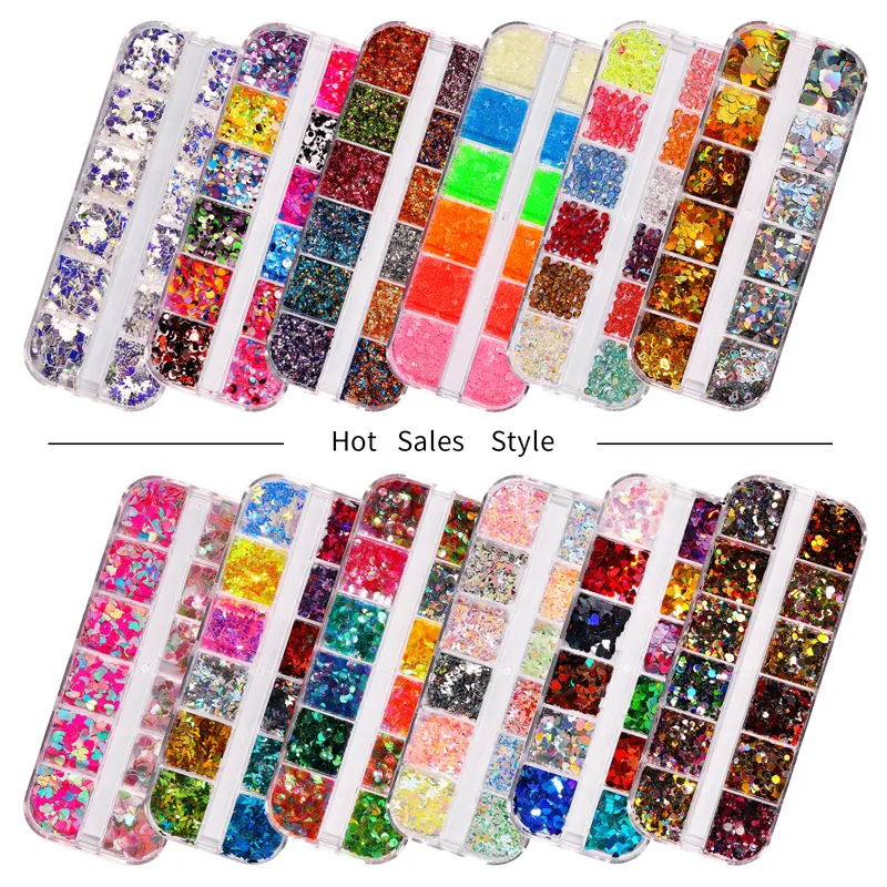 Hot-selling Holographic 6 Grids Mixed Nail Art Sequins Maple Leaf Shiny Red Love Heart Glitter Flakes Nail Supplies