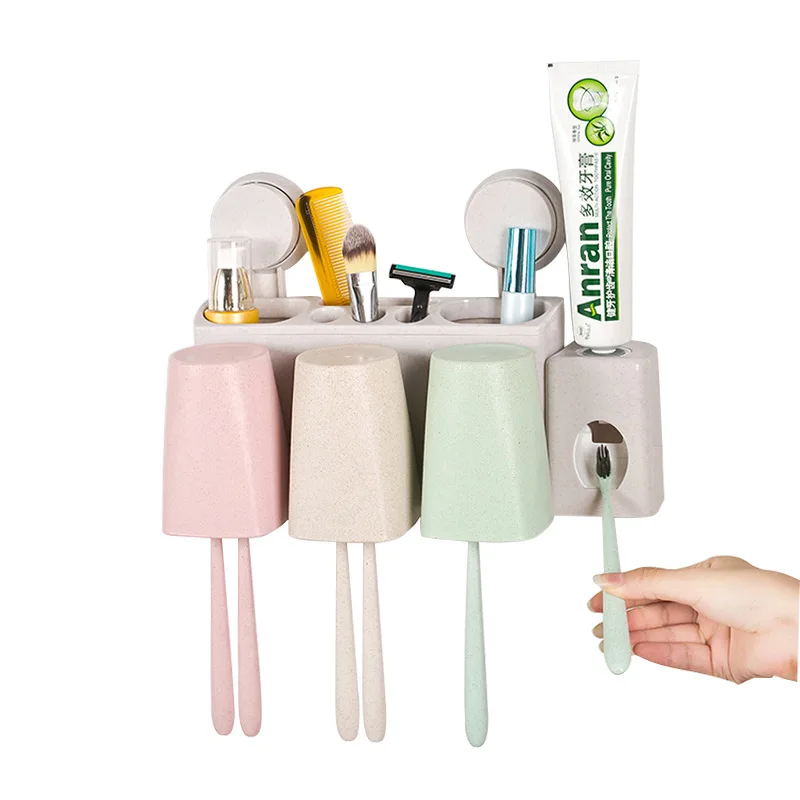 Wall Mounted Toothbrush Holder Set with Cups and Automatic Toothpaste Dispenser