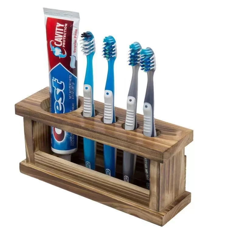 Eco friendly pine toothbrush holder Hanging Wooden Toothpaste Rack Burnt Wood Wall Mounted Toothbrush Holder