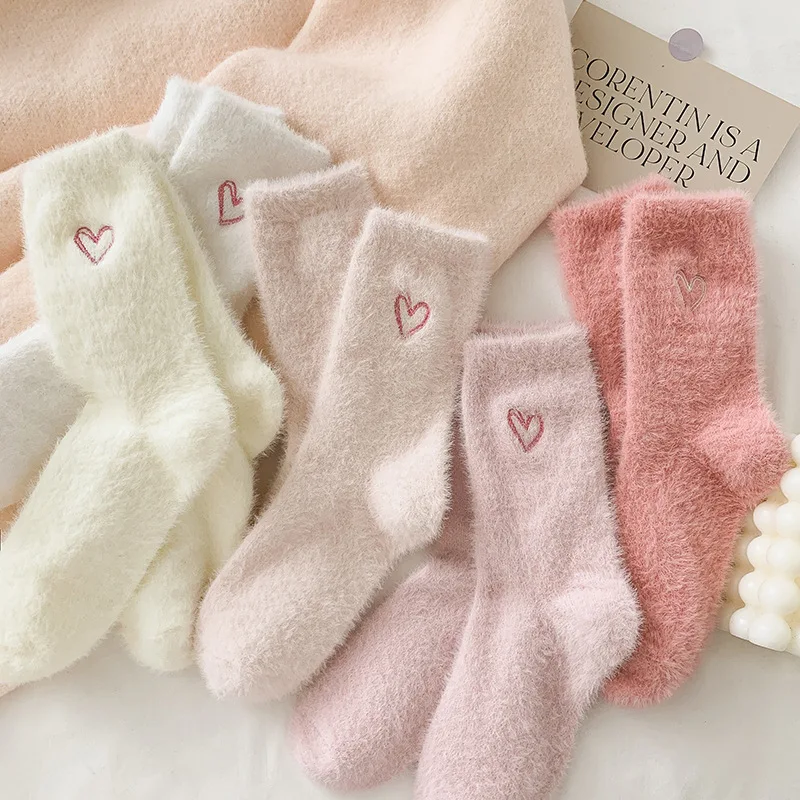 Ladies Gifts Sweet White Beige Pink Love Heart Embroidery Plush Fluffy Fleece Fuzzy Autumn Winter Indoor Sleep Slipper Bed Socks