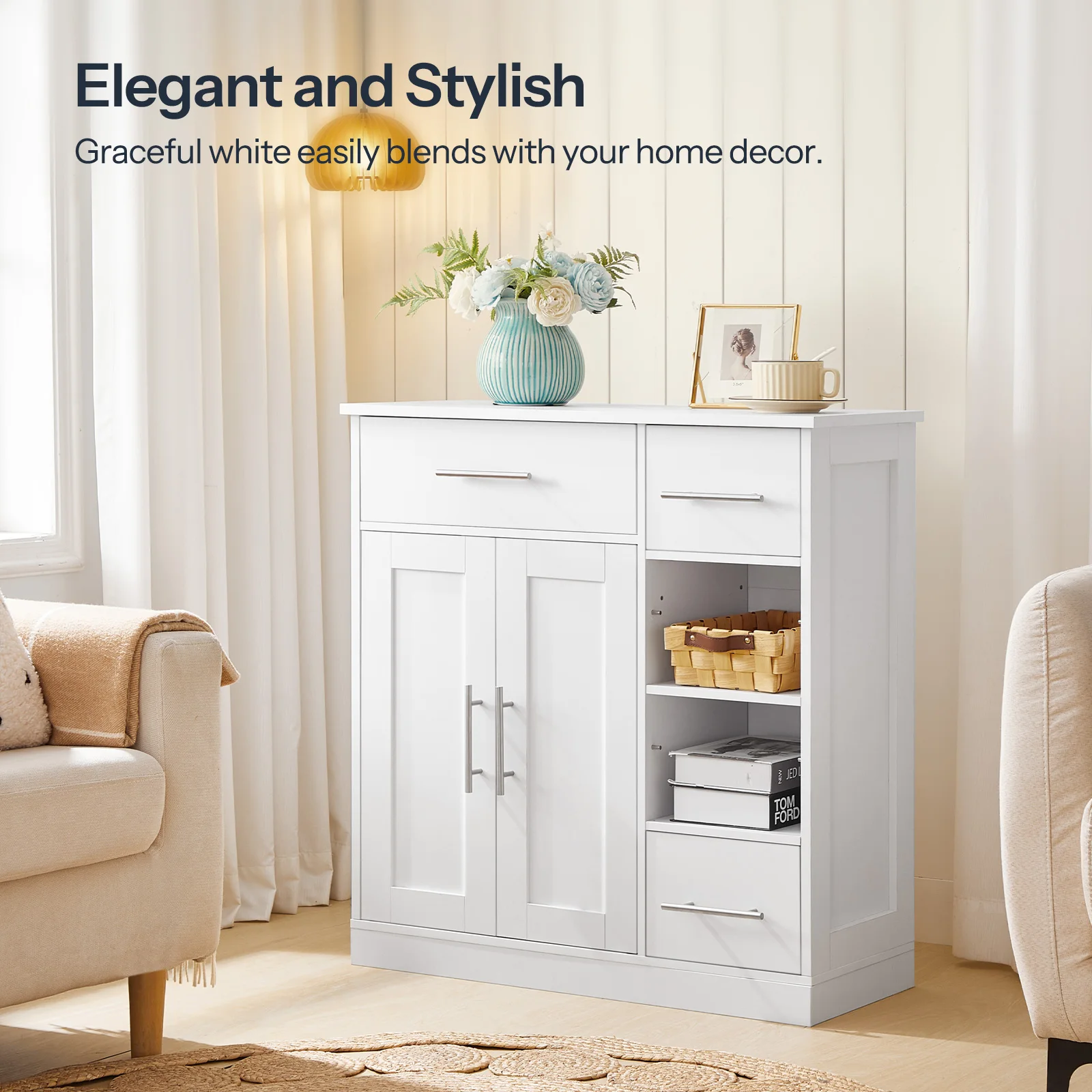 Freestanding White Bathroom Storage Cabinet with Drawers, Bathroom Organizer with Shelves 2 Door Cabinet for Bathroom Kitchen