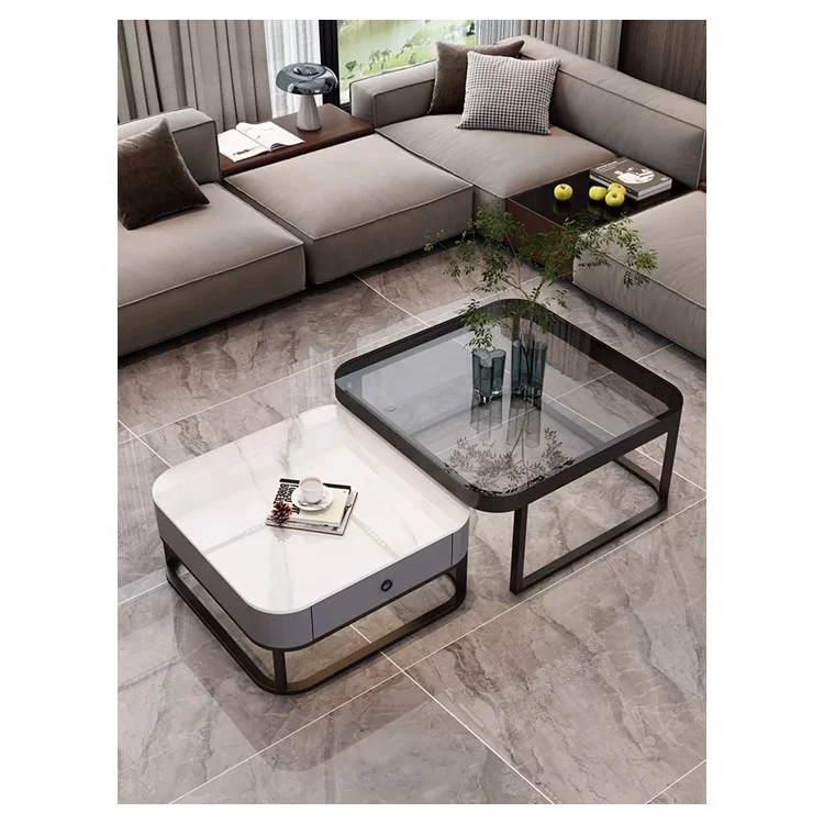 High End Home Furniture Modern Design Glassy Coffee table Living Room Square Two pcs Tea Table With Storage Drawer