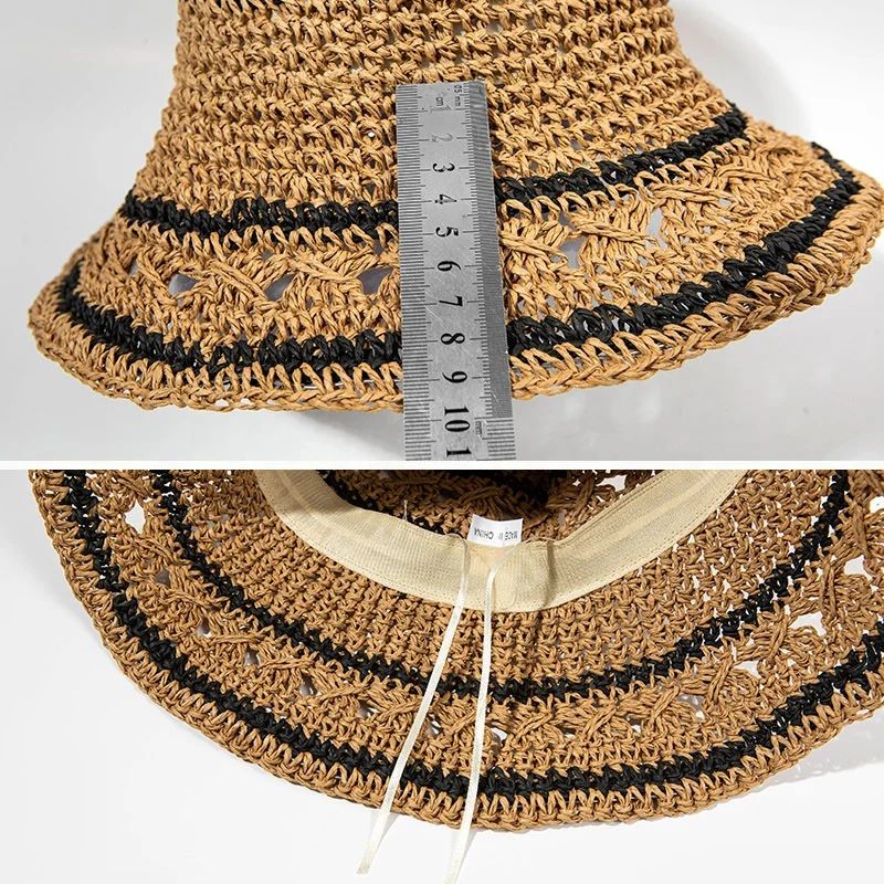 2024 Wholesale Beach Wide Brim Floppy Sun Hat Summer Hollow out Breathable UPF50+ Stripe Hand Woven Packable Straw Hat for Women