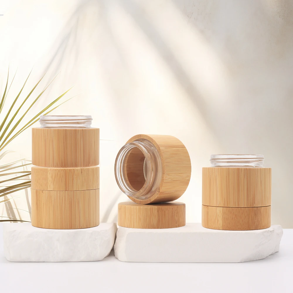 Роскошная банка из матового стекла с бамбуковой крышкой, пустая банка для косметического крема для ухода за кожей, полностью бамбуковые упаковочные контейнеры для косметики