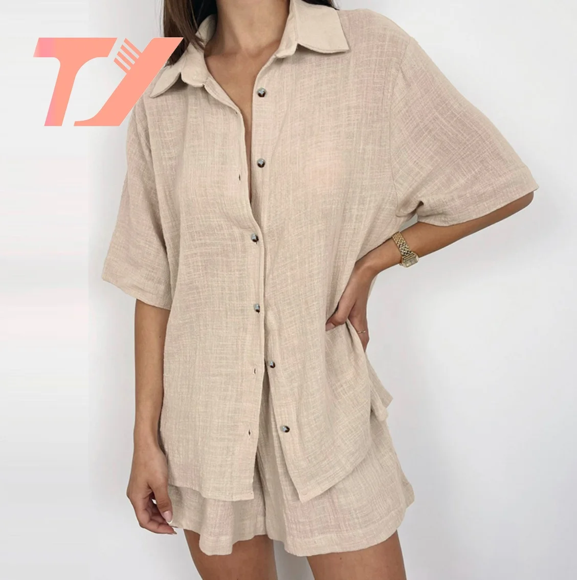 TUOYI New Simple Fashion Cotton Linen Pleated Long Sleeve Top And Shorts Pajamas Lounge Wear Women Set Suits