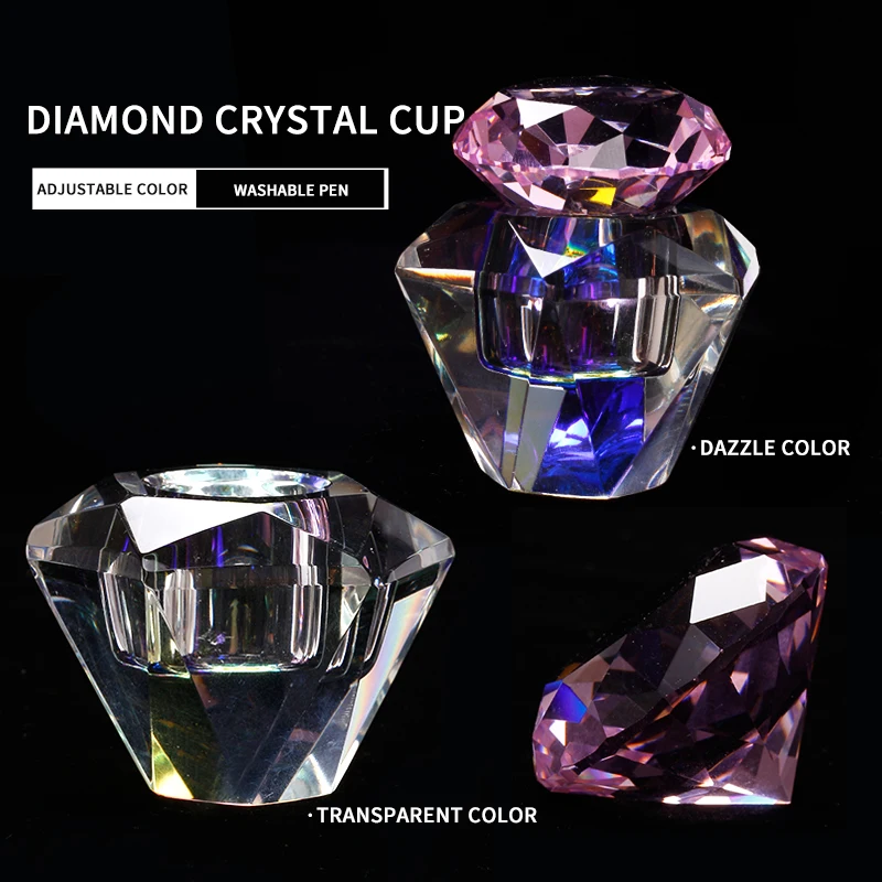 Diamond Crystal Glass Nail Cup Acrylic Powder Liquid Dappen Dish Pink Lid Glass Bowl Holder Pen Wash Manicure Tool Equipment