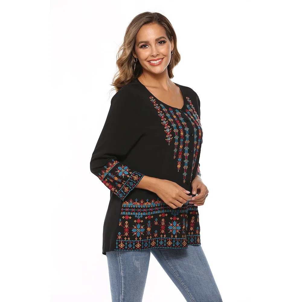 embroidery women casual tunic blouse  long sleeve stocks