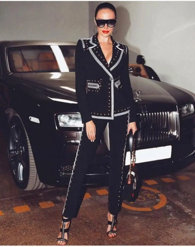 
new arrival fashionable beading slim fitting blazer and rivet beading bodycon pencil pant two pieces business woman blazer suit 
