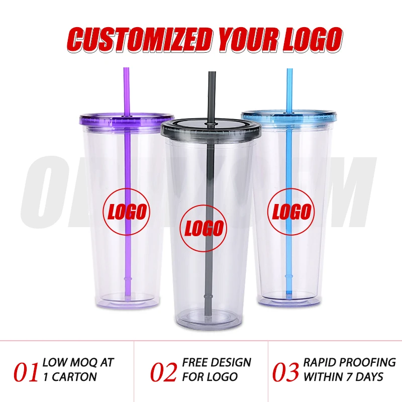 USA warehouse 24oz 700ml Acrylic Tumbler Premium Eco-friendly Double Wall Plastic reusable bubble tea cup With Lid and straw