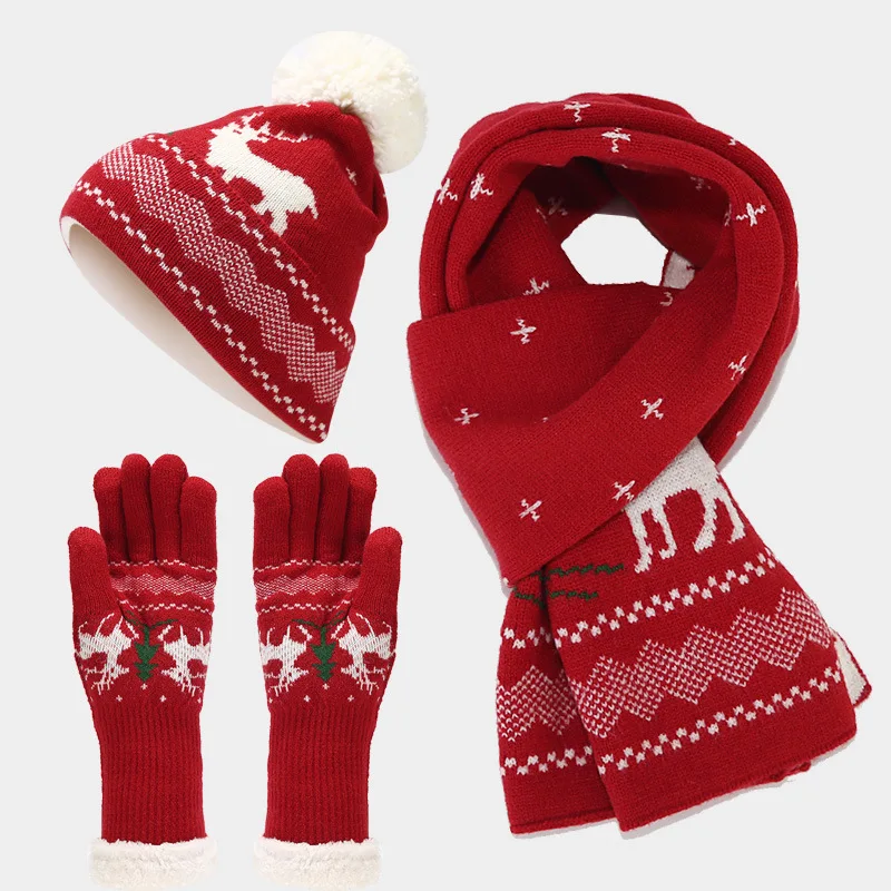 European American Elk Jacquard Three-Piece Set Cold-Proof Christmas Hat Scarf Gloves for Autumn Winter Warm Knitted Beanie Suit
