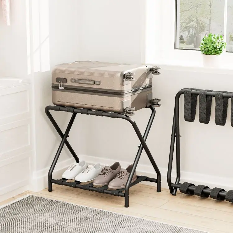 Wholesale Folding Luggage Rack Suitcase Stand with Fabric Storage Shelf Double Tiers Metal Luggage Holder  for Guest Room